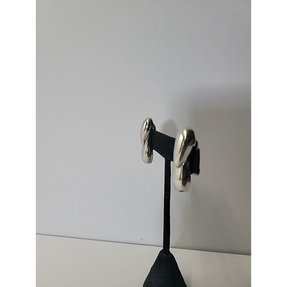 Silver Tone Clip On Earrings Double Teardrop Modern Minimalist High Polish State - Picture 5 of 12